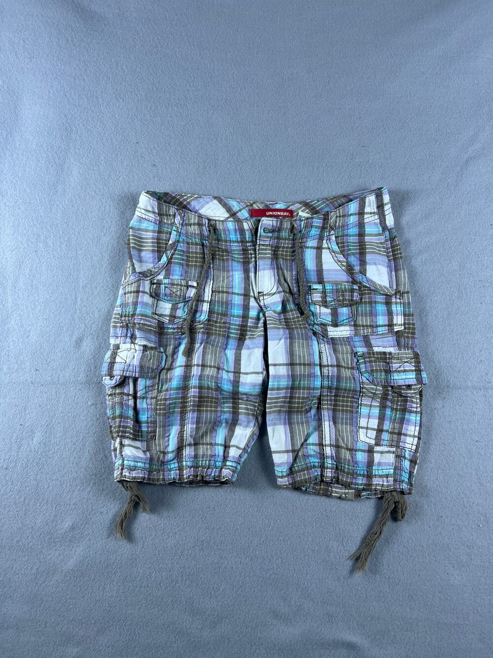 Unionbay Cargo Shorts Womens 10 Reg Purple Blue Plaid Utility Cinch Hem Outdoor